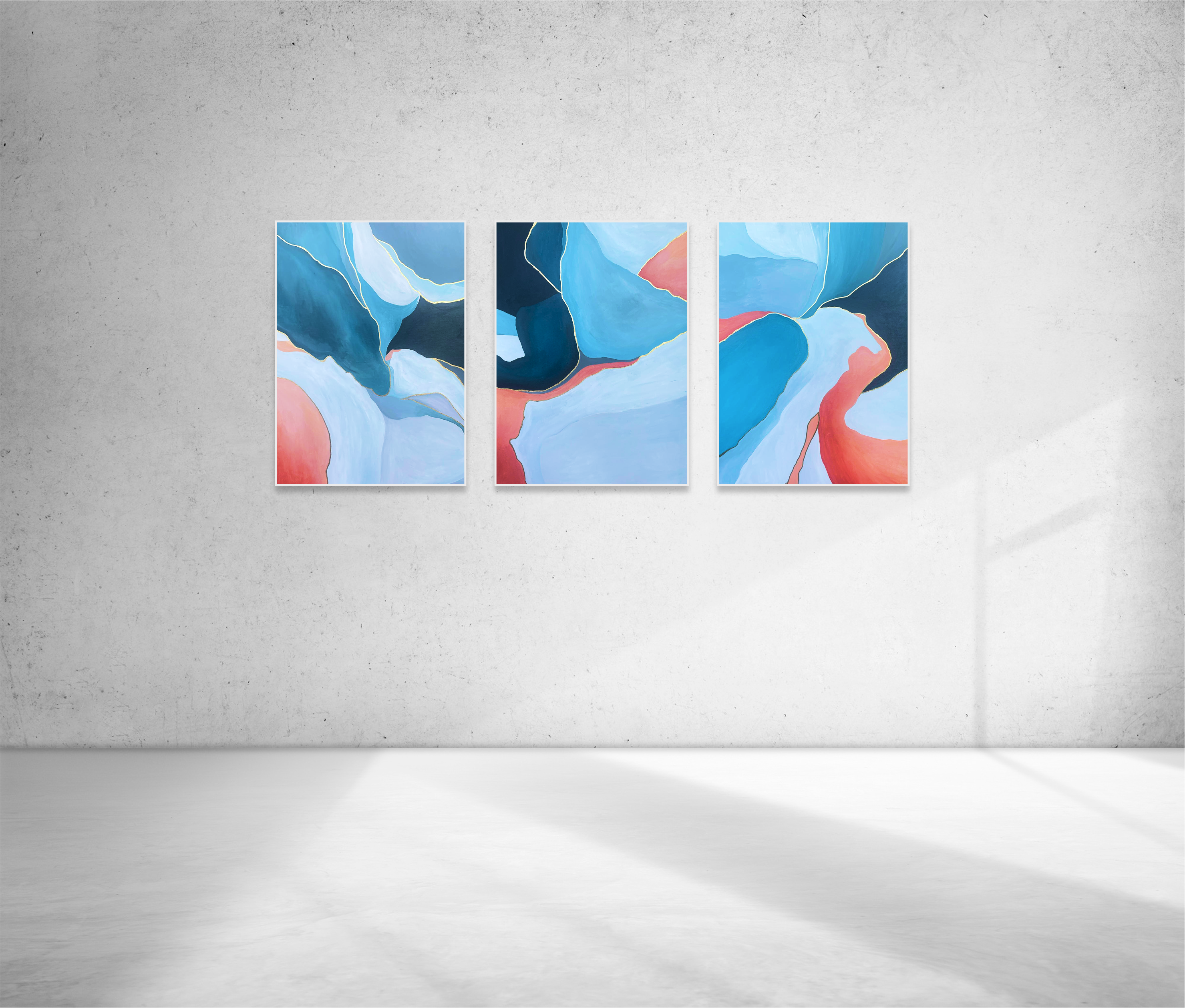 Large blue and coral triptych of 3 abstract paintings with gold leaf accents by Sophie Heywood
